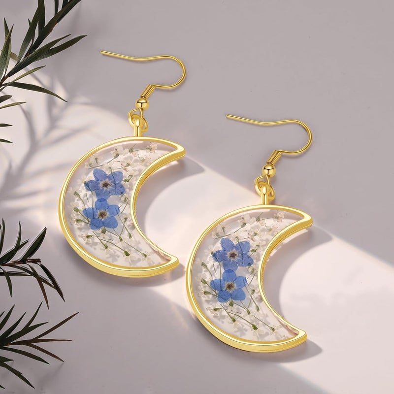 AUNTESIGN Store Forget-Me-Not and Queen Anne's Lace Pressed Wildflower Earrings | Pressed Flower Earrings | Handmade Drop and Dangle Earrings | Gift for Woman - Image 2